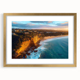 Framed landscape artwork depicting majestic cliffs with a gold mat border, showcasing vibrant colors and intricate details, perfect for home decor enhancement.