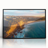 Framed acrylic artwork showcasing a dramatic landscape of cliffs against a vibrant sky, featuring a sleek black frame that enhances the visual impact. Perfect for modern decor.