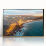 Framed acrylic artwork depicting a stunning landscape with majestic cliffs and vibrant colors, highlighted by a gold frame for an elegant touch. Perfect for home decor.