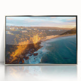 Framed acrylic art piece showcasing a stunning landscape of dramatic cliffs, featuring silver accents and a sleek modern design, perfect for home decor.