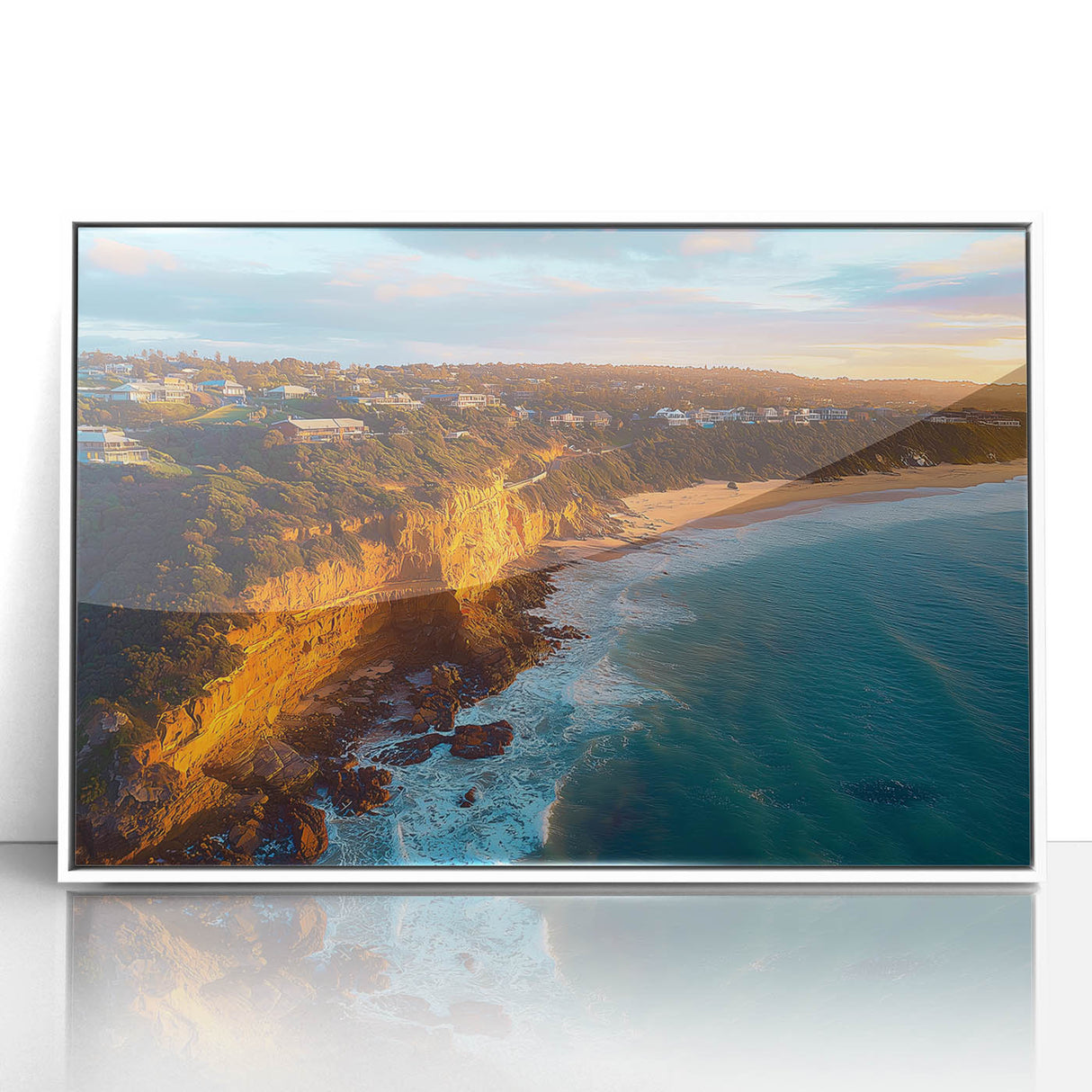 Framed acrylic artwork showcasing a dramatic cliff landscape in vibrant colors, set in a sleek white frame, perfect for modern home decor. Ideal for nature lovers.