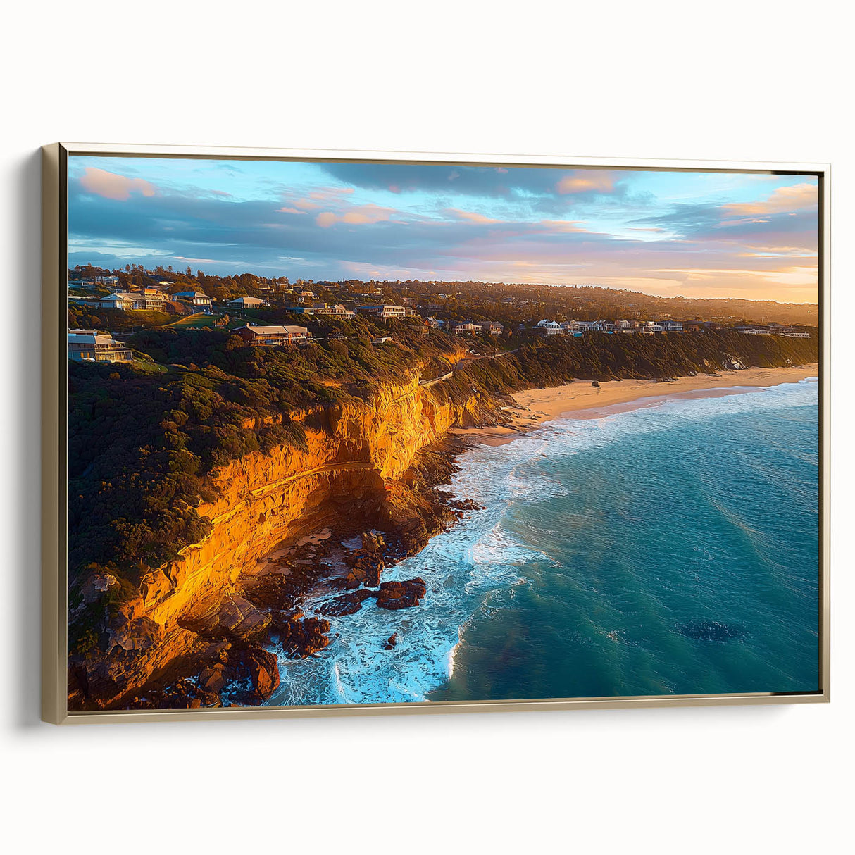 Framed canvas artwork showcasing a stunning landscape of cliffs with a gold side profile, perfect for enhancing home decor with natural beauty and elegance.