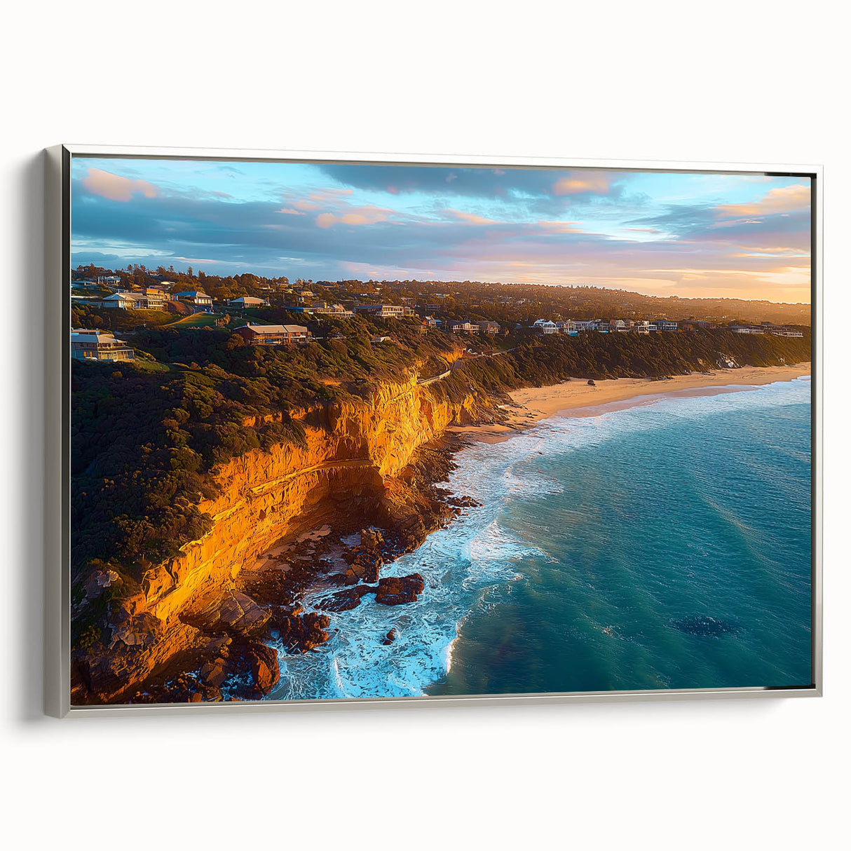 Framed canvas artwork showcasing a stunning cliff landscape with vibrant colors, featuring a sleek silver frame that adds elegance to any decor. Perfect for nature lovers seeking to enhance their living space.