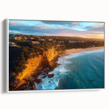 Framed canvas artwork depicting a breathtaking landscape of cliffs with vibrant colors, displayed from a white side view, perfect for modern home decor.