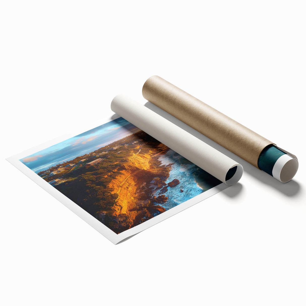 Stunning landscape print showcasing rugged cliffs and serene waters, elegantly rolled and ready for display. Perfect for nature lovers and home decor enthusiasts.