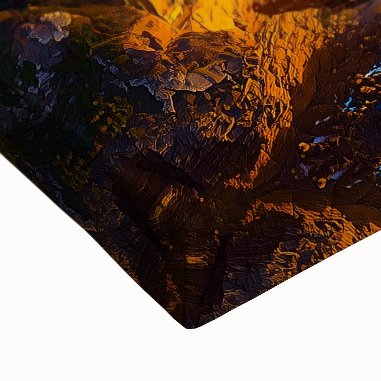 Close-up of a vibrant stretched canvas featuring dramatic landscape cliffs, showcasing rich colors and intricate textures, ideal for enhancing modern home decor.