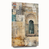 Abstract architectural wall art displayed in a sleek acrylic frame, showcasing vibrant geometric patterns and colors, perfect for modern home decor.