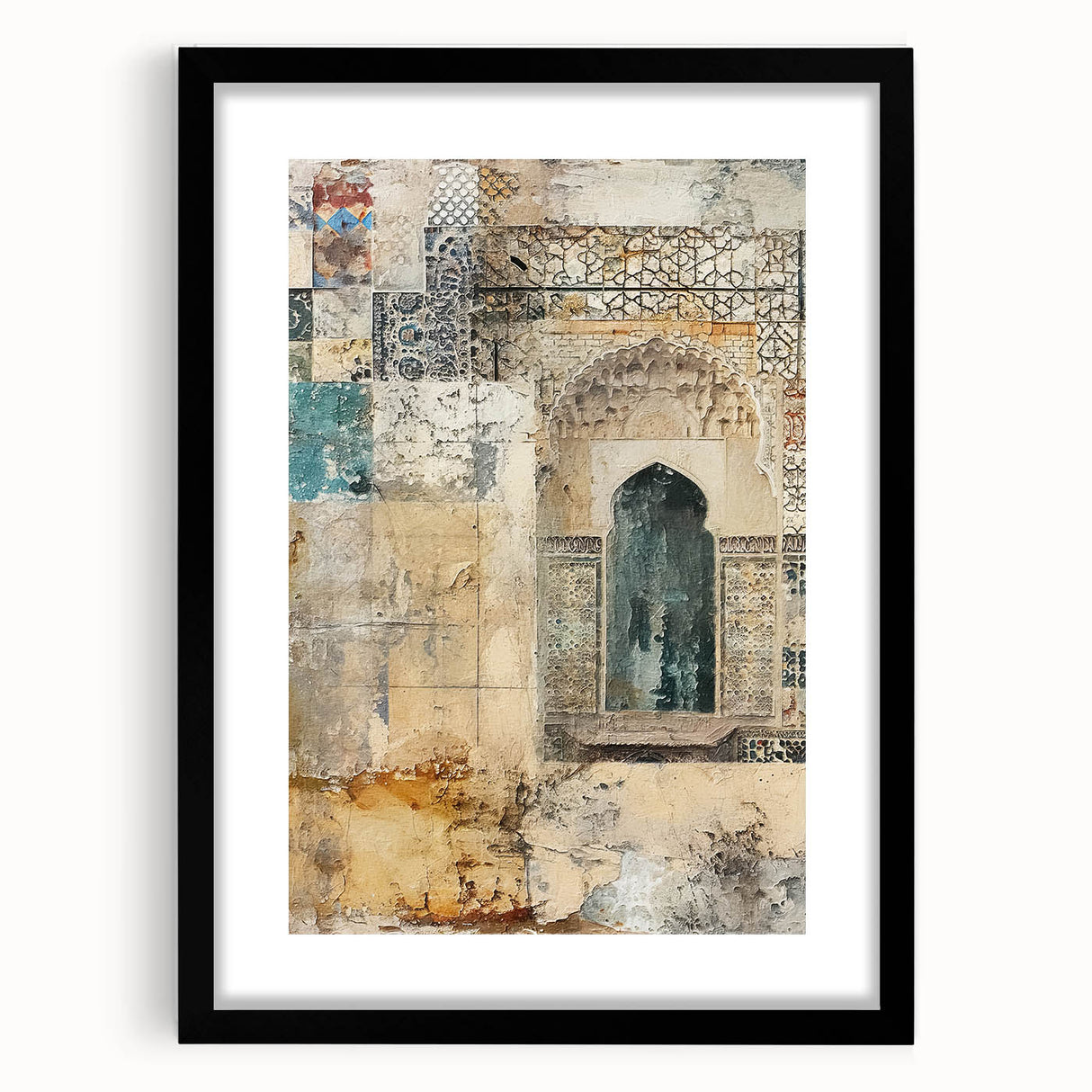 Abstract architectural wall art framed in black with a mat, showcasing geometric patterns and neutral tones, perfect for modern home decor.