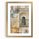 Abstract architecture wall art framed in gold with a mat, showcasing geometric shapes and soft colors, perfect for modern home decor and artistic enhancement.