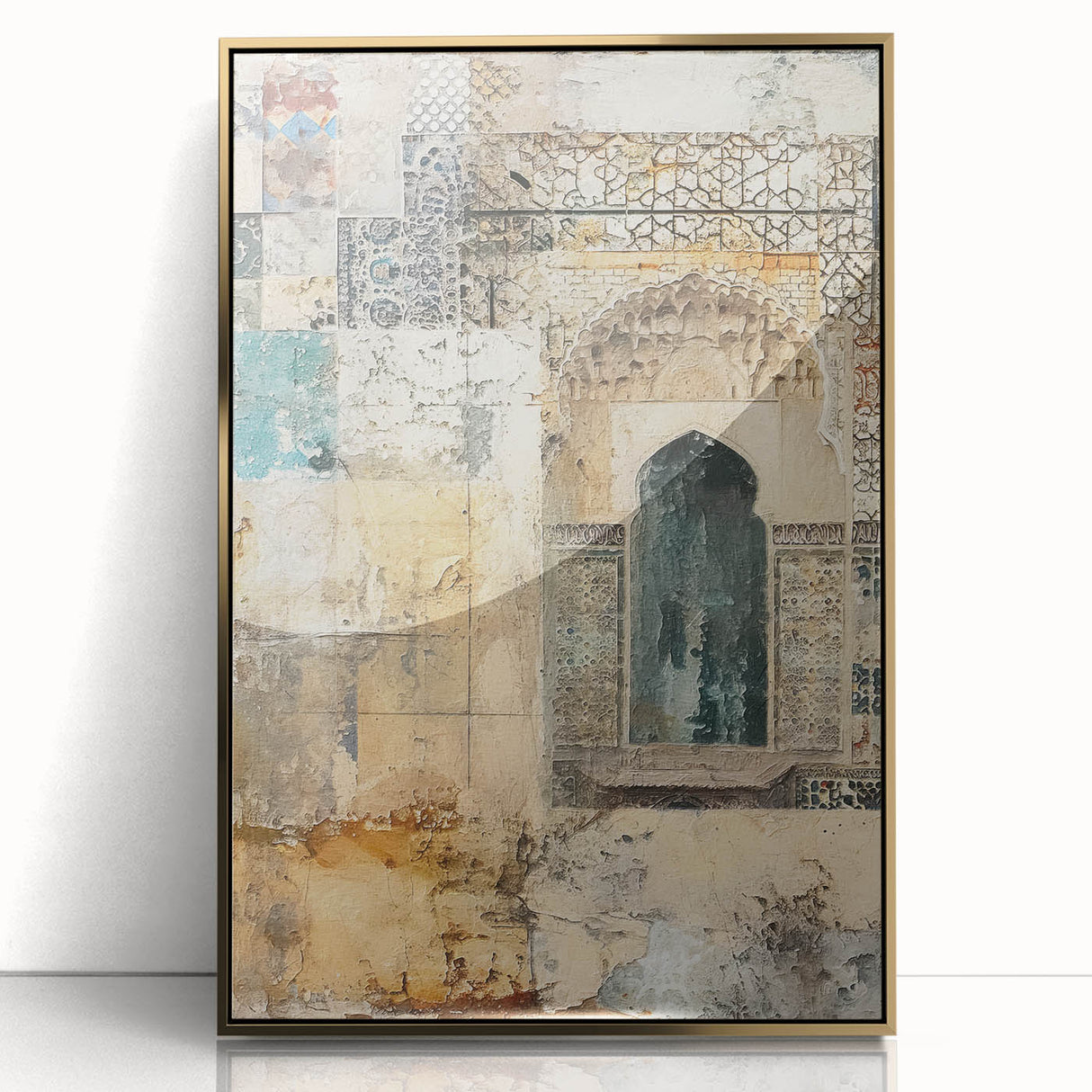 Abstract architecture wall art featuring a gold-accented design, framed in acrylic, showcasing a modern aesthetic ideal for contemporary home decor.
