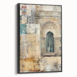 Framed abstract architecture wall art featuring bold black geometric shapes on a textured canvas, showcasing a modern aesthetic and elegant side view design.