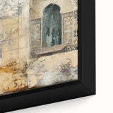 Abstract architectural wall art in a sleek black frame, showcasing intricate geometric patterns and vibrant colors, ideal for modern home decor.