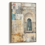 Framed canvas wall art showcasing abstract architectural design in gold tones, featuring a sleek side view that highlights its elegant frame and modern aesthetic.