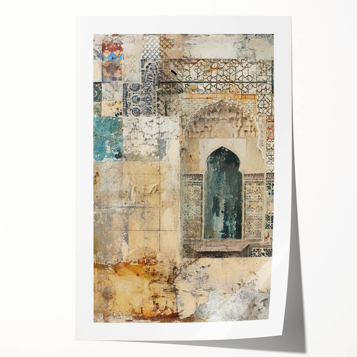 Abstract architectural wall art print showcasing geometric shapes and vibrant colors, rolled up for shipping in a protective cardboard tube. Ideal for modern home decor.