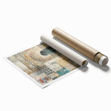 Abstract architectural wall art print showcasing bold geometric shapes and a vibrant color palette of blues, yellows, and reds, rolled for easy shipping and display.