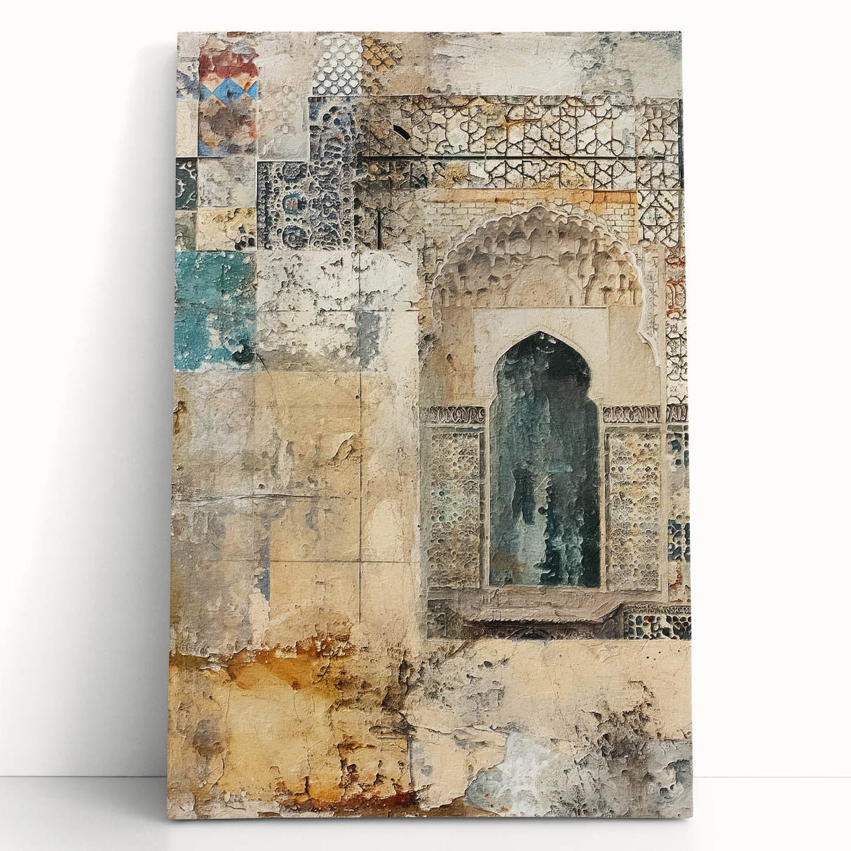 Abstract architectural wall art on stretched canvas, featuring geometric shapes in muted tones of gray and beige, perfect for modern home decor. Ideal for adding a contemporary touch to living spaces.