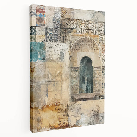 Abstract architecture wall art print on stretched canvas, showcasing geometric shapes in vibrant colors against a textured background, ideal for modern decor.
