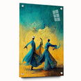 Abstract figurative wall art displayed in a side view, featuring vibrant colors and dynamic shapes, mounted with pins on acrylic glass, ideal for modern decor.
