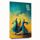 Abstract figurative wall art displayed in acrylic glass, showcasing vibrant colors and dynamic shapes, ideal for modern decor and artistic spaces.