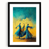 Abstract figurative wall art framed in black, showcasing vibrant colors and intricate designs, perfect for modern home decor. The mat enhances visual appeal, making it an eye-catching centerpiece.