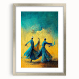 Abstract figurative wall art in a sleek silver frame with matting, showcasing vibrant colors and dynamic shapes, perfect for modern decor.