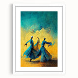 Abstract figurative wall art framed in white with a mat, showcasing colorful geometric shapes and fluid forms, ideal for modern home decor.