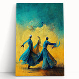 Abstract figurative wall art on a stretched canvas, showcasing vibrant colors and dynamic shapes, designed to enhance modern interior decor and create an artistic focal point.