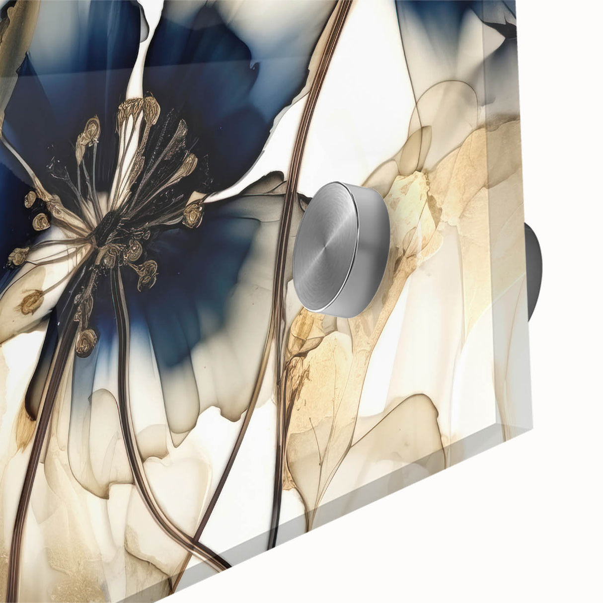 Close-up of vibrant abstract floral wall art printed on acrylic glass, showcasing intricate details and vivid colors, perfect for modern home decor.