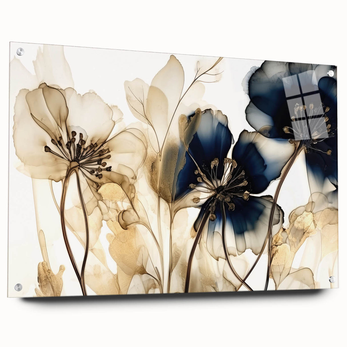 Abstract floral wall art displayed in a sleek acrylic frame, showcasing vibrant colors and intricate designs, perfect for modern home decor. Side view highlights elegant pins securing the artwork, enhancing its aesthetic appeal and stability.
