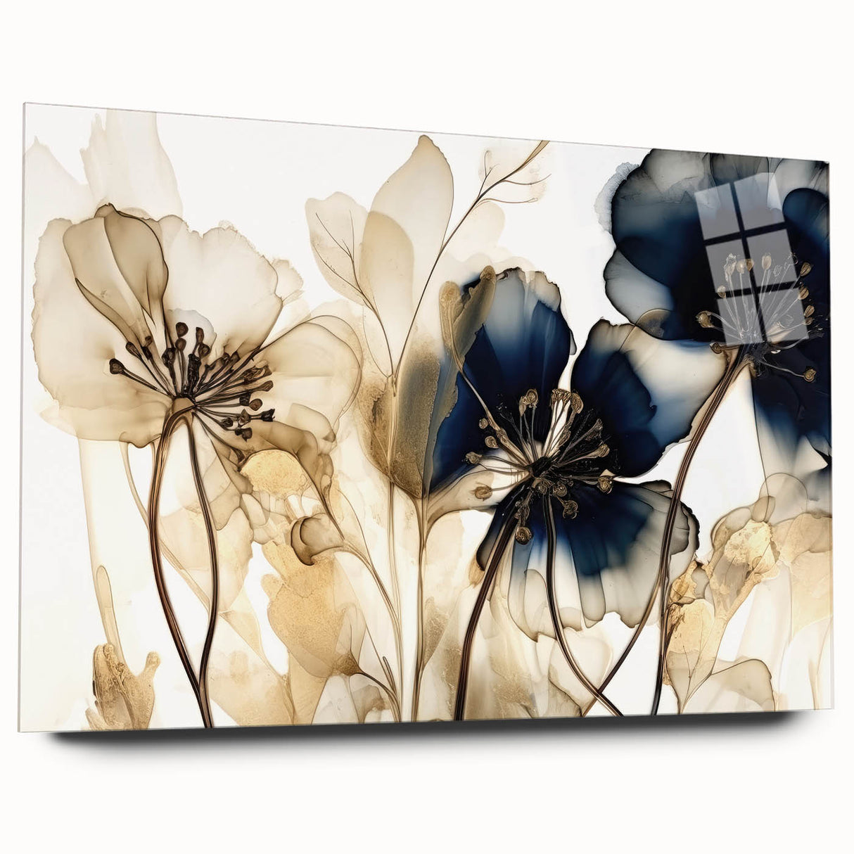 Abstract floral wall art displayed in a sleek acrylic glass frame, showcasing vibrant colors and intricate patterns, perfect for modern home decor.