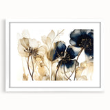 Abstract floral wall art framed with a white mat, showcasing vibrant colors and intricate designs, perfect for modern home decor or office spaces.