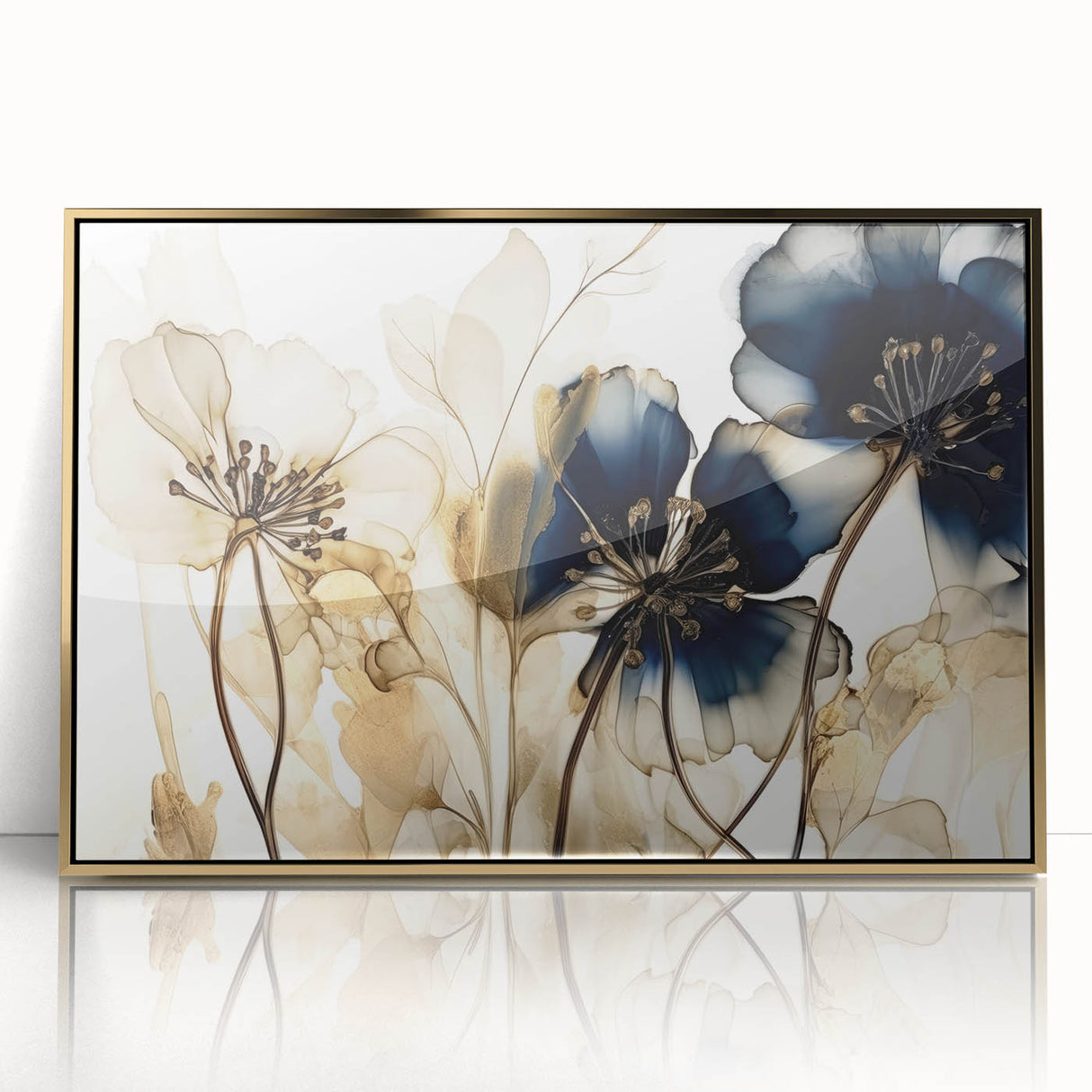 Framed acrylic wall art featuring an abstract floral design with gold accents, ideal for home decor. Perfectly complements modern interiors and adds elegance.