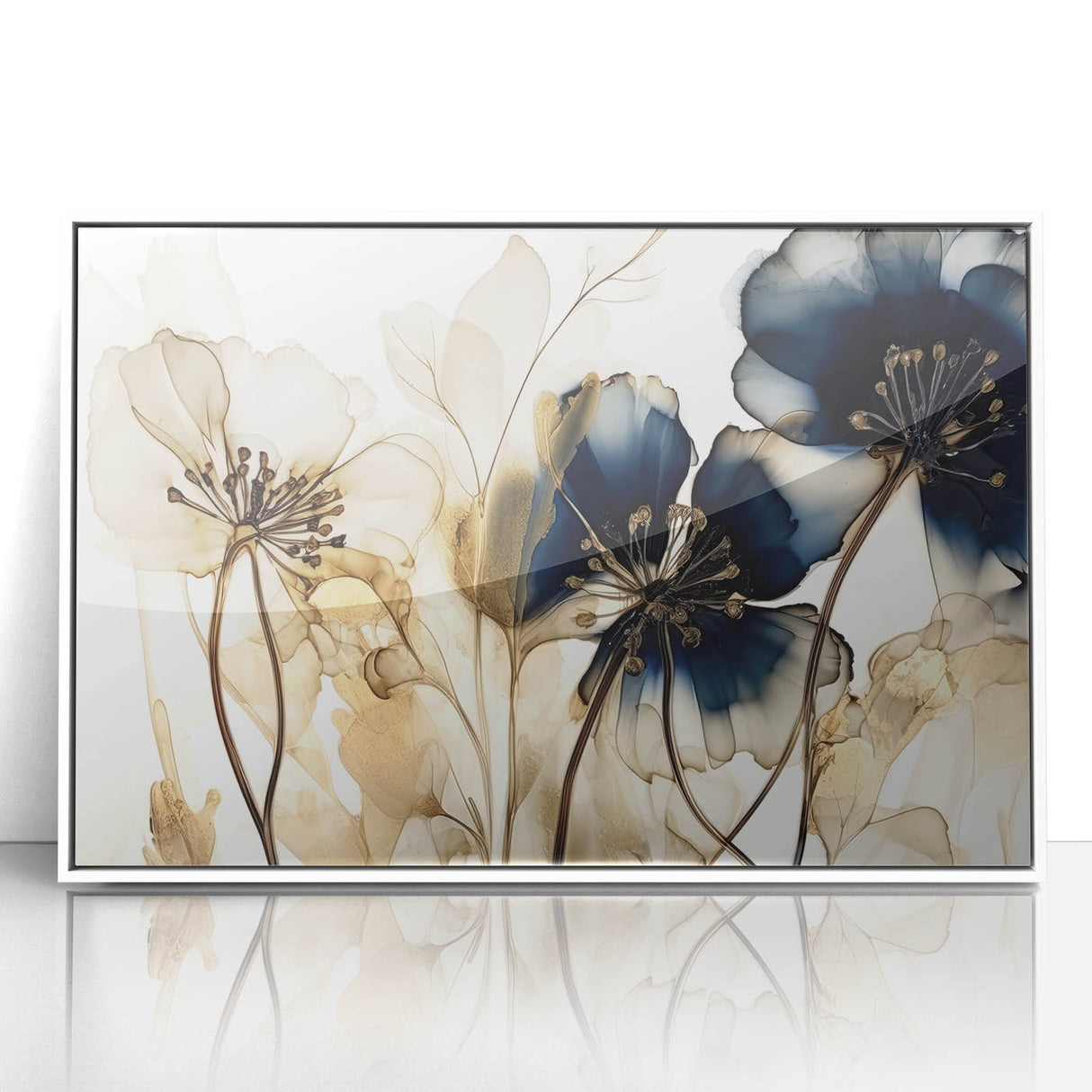 Framed acrylic wall art featuring vibrant abstract florals in shades of pink, blue, and green, set against a white background, perfect for modern home decor.