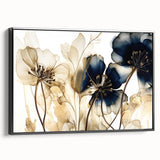 Framed abstract floral wall art on black canvas, showcasing vibrant colors and intricate designs, ideal for modern home decor. Side view emphasizes its elegant frame and artistic details.