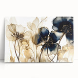 Colorful abstract floral wall art on a stretched canvas, showcasing vibrant blooms in shades of pink, blue, and green, leaning against a neutral wall, perfect for modern decor.