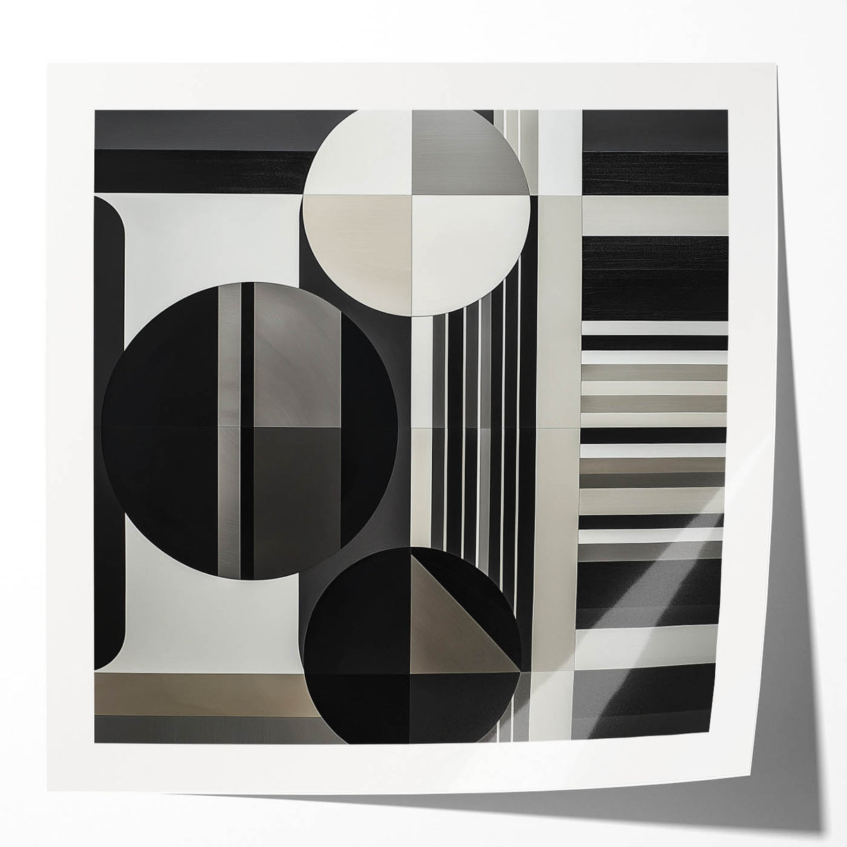Abstract geometric wall art print showcasing vibrant colors and dynamic shapes, displayed in a glossy finish. Ideal for modern home decor and artistic spaces.