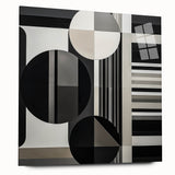 Abstract geometric acrylic glass art piece showcasing vibrant colors and intricate patterns, designed for modern decor, viewed from the side without pins.