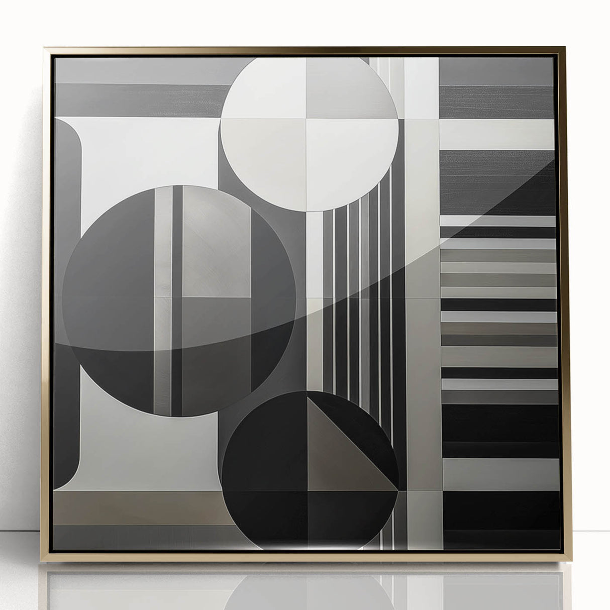Framed abstract geometric artwork in gold tones, showcasing intricate shapes and patterns, designed to enhance modern decor with a touch of elegance.