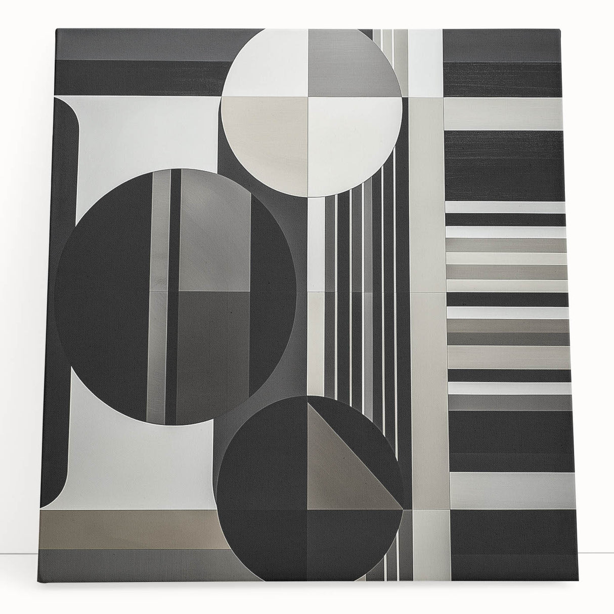 Abstract geometric design on stretched canvas, featuring vibrant colors and bold shapes, ideal for modern home decor. Perfect for enhancing living spaces with artistic flair.
