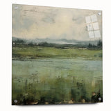 Acrylic glass wall art showcasing a vibrant abstract landscape design, mounted with pins for a sleek side view display, adding modern flair to any interior decor.