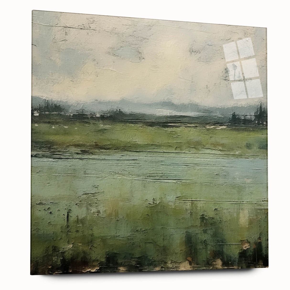 Abstract landscape wall art piece displayed in a side view, featuring vibrant colors and dynamic shapes, crafted with acrylic glass for a modern aesthetic. The artwork is designed to enhance contemporary home decor with its unique visual appeal.