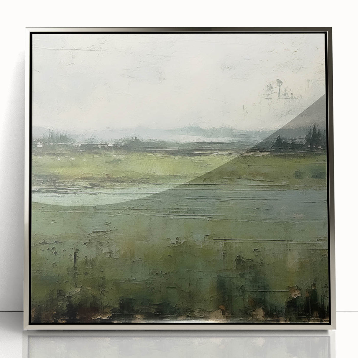 Framed abstract landscape wall art design in silver acrylic, showcasing a blend of soft earth tones and organic shapes, perfect for modern home decor.