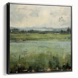 Framed canvas wall art showcasing an abstract landscape design in earthy tones, set against a sleek black frame, ideal for modern interior décor.