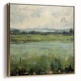 Framed abstract landscape wall art in silver and gold tones, showcasing a serene view with textured details; perfect for modern home decor.
