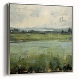 Framed abstract landscape wall art in silver, showcasing serene hues of blue and green with organic shapes, ideal for modern home decor or office ambiance.