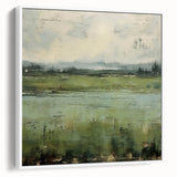 Framed canvas wall art showcasing an abstract landscape design with soft, muted colors, displayed in a sleek white frame, ideal for modern home decor.