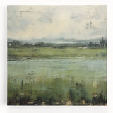 Abstract landscape wall art on stretched canvas, showcasing vibrant hues of blue, green, and orange, perfect for modern home decor. Ideal for adding a contemporary touch to any living space.