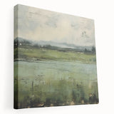 Abstract landscape wall art on stretched canvas, showcasing vibrant colors and fluid shapes, ideal for modern decor. Side view highlights its textured finish and sturdy frame, perfect for enhancing any living space or gallery wall.