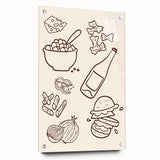 Large abstract wall art on acrylic glass showcasing vibrant food and drink motifs, ideal for dining room decor.