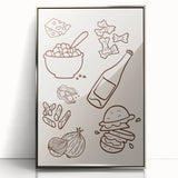 Mid-century modernist art deco poster featuring a vibrant array of food and drinks, framed in acrylic with a silver finish.